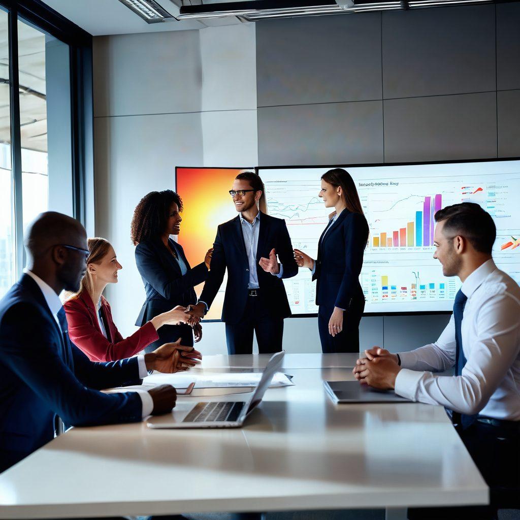 A professional group of diverse individuals, including businessmen and businesswomen, shaking hands in a modern office setting, surrounded by charts and graphs reflecting growth and success. In the background, there are translucent screens displaying successful partnership statistics and strategies. The scene should convey collaboration and innovation, with warm lighting highlighting the positivity of strategic alliances. super-realistic. vibrant colors. modern office atmosphere.