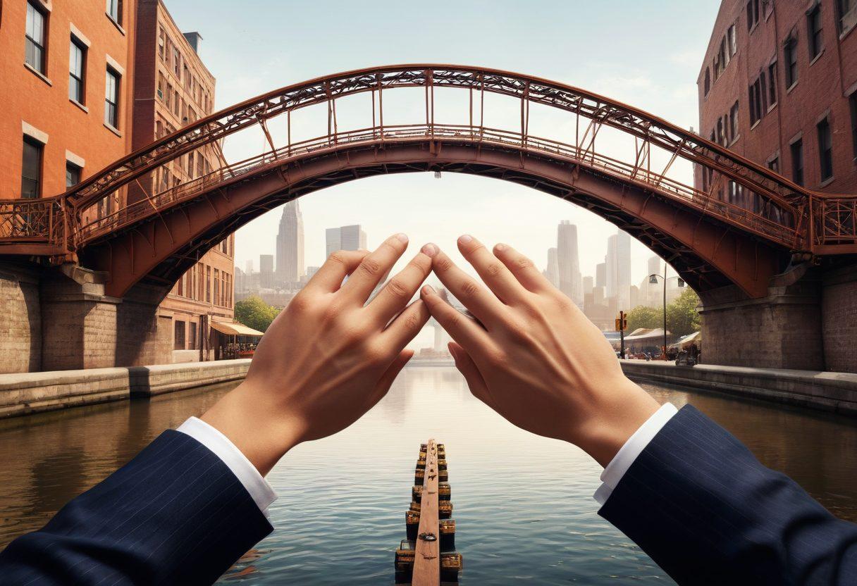 A symbolic image of two hands reaching out to each other, representing partnership and collaboration, set against a backdrop of a stylized bridge connecting two urban landscapes. Different corporate symbols (like briefcases and gears) are subtly embedded within the bridge structure, illustrating effective management. The scene should evoke a sense of unity and growth with warm, inviting colors. super-realistic. vibrant colors.